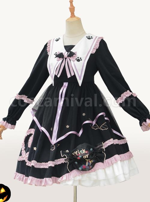 Magic House Series OP Cute Little Devil Cat Ears Pointed Collar Gothic Lolita Halloween Long Sleeve Thick Dress coscarnival