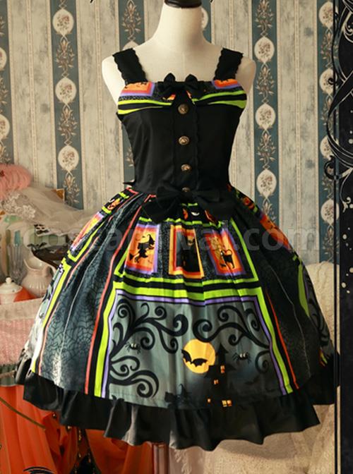 Magic Tea Party Black Spider Web Witch Castle Halloween Gothic Lolita Sling Dress coscarnival