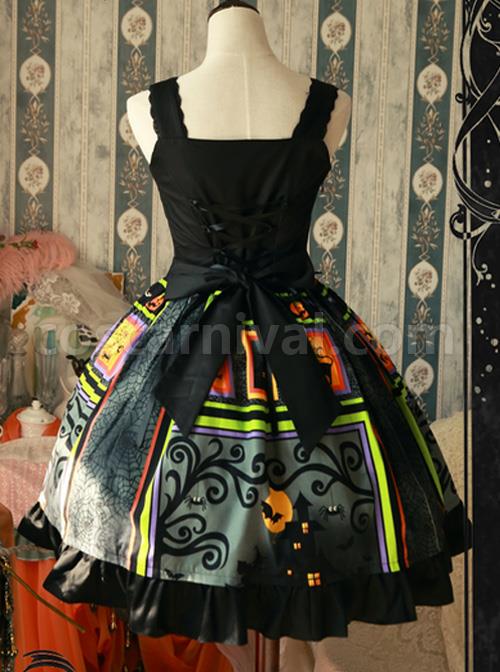 Magic Tea Party Black Spider Web Witch Castle Halloween Gothic Lolita Sling Dress coscarnival