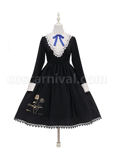 Master Reaper And Black Maid Series OP V-Neck Double Pleated Lace Flower Buttons Gold Rose Embroidery Simple Black Gothic Lolita Long Sleeve Dress coscarnival