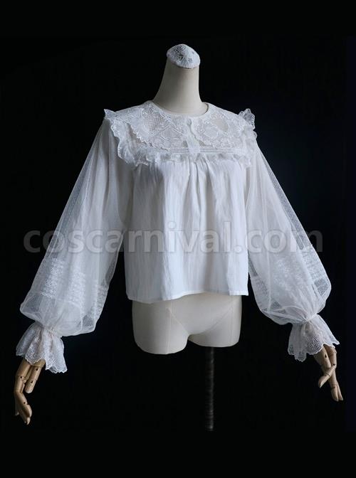 Meet Series Full Lace Hollow Out Embroidery Design Classic Lolita White Long Sleeve Shirt coscarnival