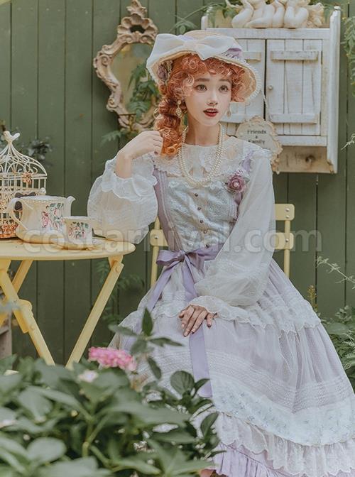 Meet Series Full Lace Hollow Out Embroidery Design Classic Lolita White Long Sleeve Shirt
