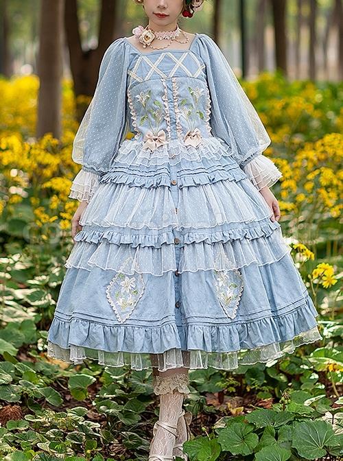 Melaleuca-Lily-Series-Elegant-Square-Neck-Lily-Embroidery-Polka-Dot-Lace-Long-Sleeved-Blouses-Classic-Lolita-Skirt-Set-coscarnival-2562