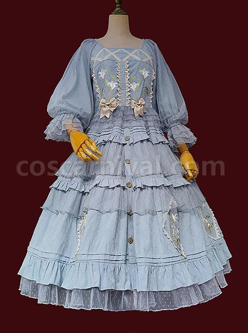 Melaleuca-Lily-Series-Elegant-Square-Neck-Lily-Embroidery-Polka-Dot-Lace-Long-Sleeved-Blouses-Classic-Lolita-Skirt-Set-coscarnival-2567