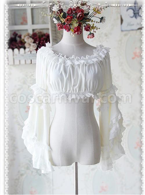 Milky White Chiffon Lolita Super Short Top With Detachable trumpet Sleeve coscarnival