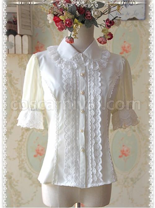 Milky White Elegance Lace Glass Stripes Short Sleeve Lolita Shirt coscarnival