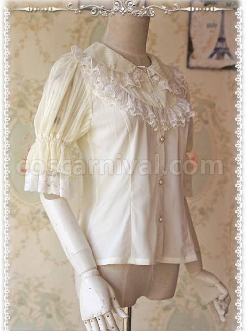 Milky White Glass Striped Doll Collar Lolita Bubble Sleeve Shirt coscarnival