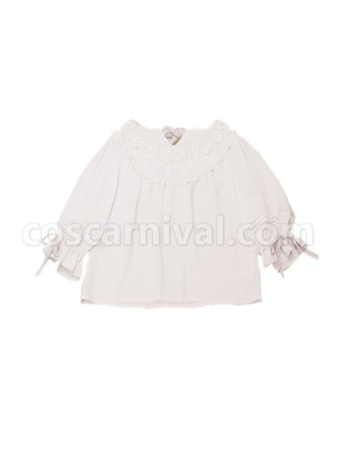 Miss Cat Series Solid Color Pleated Heart Shape Lace Pleated Lace Neckline Trim Classic Lolita White Shirt coscarnival