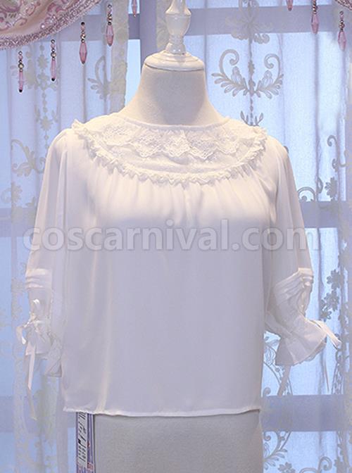 Miss Cat Series Solid Color Pleated Heart Shape Lace Pleated Lace Neckline Trim Classic Lolita White Shirt coscarnival