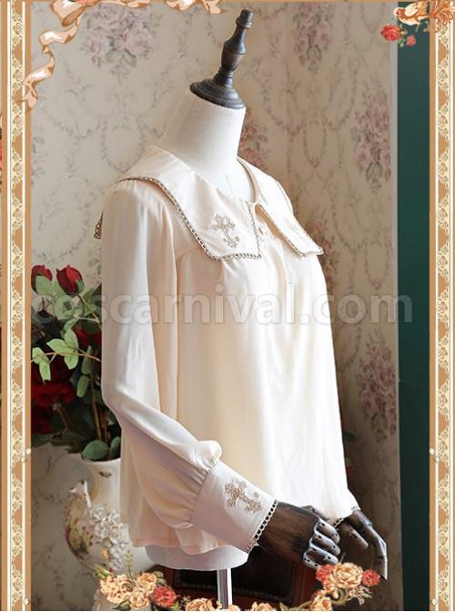 Mocha Color Crucifix Chiffon Embroidery Square Neckline Lolita Long Sleeve Shirt coscarnival