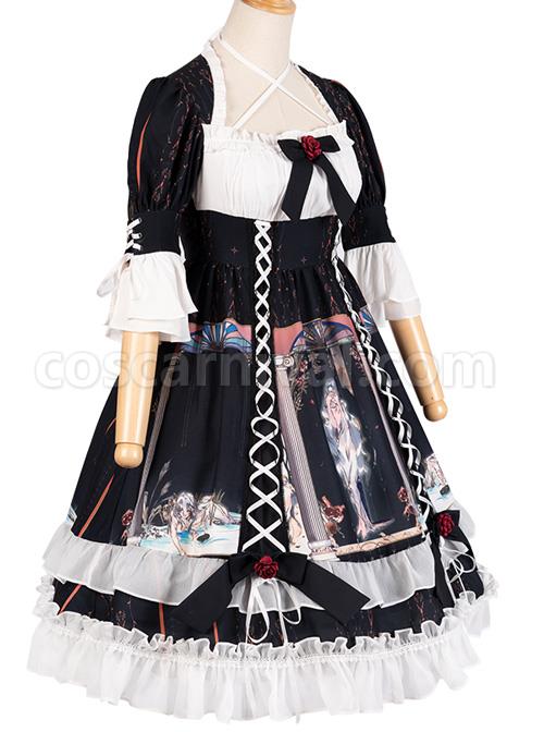 Narkissos-Series-Printing-Retro-Black-Classic-Lolita-Short-Sleeve-Dress-coscarnival-5022