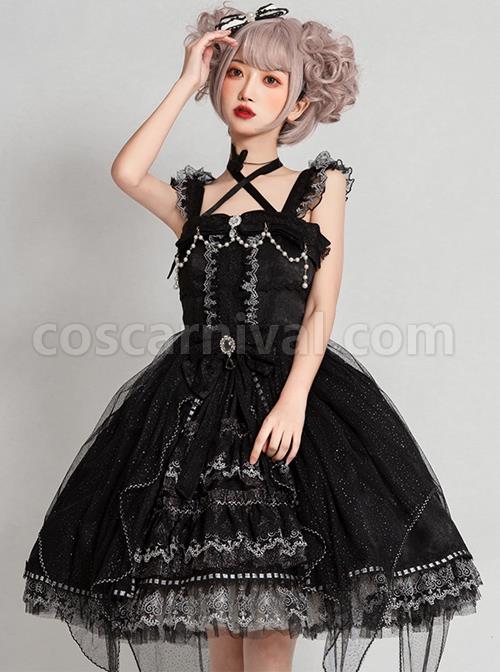 Night Elf Series JSK Black Lace Retro Elegant Gothic Lolita Sling Dress coscarnival