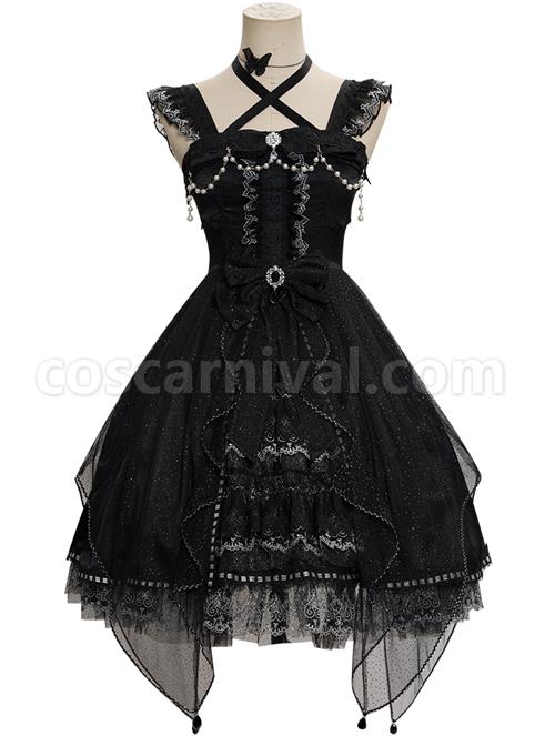 Night Elf Series JSK Black Lace Retro Elegant Gothic Lolita Sling Dress coscarnival