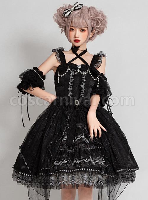 Night Elf Series JSK Black Lace Retro Elegant Gothic Lolita Sling Dress
