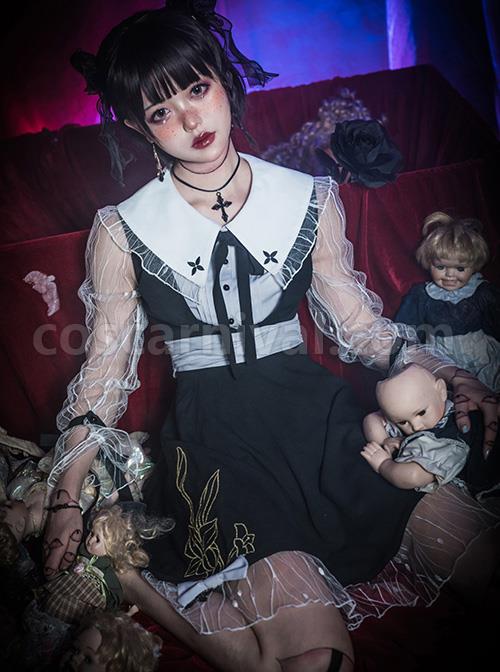 Night Lily Series Black Gothic Lolita Long Sleeve Dress coscarnival