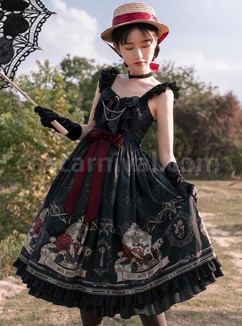 Nightingale And Rose Series Vintage Birdcage Print Bow Knot Ruffle Gothic Lolita Sleeveless Dress coscarnival