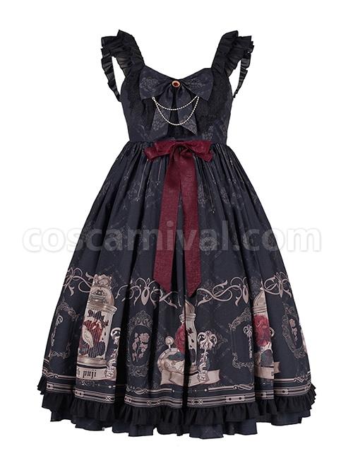 Nightingale And Rose Series Vintage Birdcage Print Bow Knot Ruffle Gothic Lolita Sleeveless Dress coscarnival