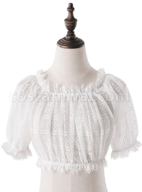 Off Shoulder Lolita Puff Sleeve Lace Short Blouse coscarnival