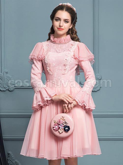 Palace-Style-Retro-Pink-Lace-Classic-Lolita-Long-Sleeve-Dress-coscarnival-4511
