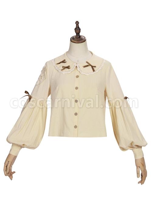 Pastoral Style Doll Collar Bowknot Embellishment Sweet Lolita Apricot Long Sleeve Shirt coscarnival