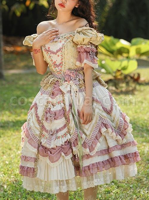 Pastoral-Style-Gorgeous-Yellow-Purple-Floral-Print-Plaid-Bow-Knot-Decorate-Chiffon-Lace-Hem-Classic-Lolita-Short-Sleeve-Dress-coscarnival-2392