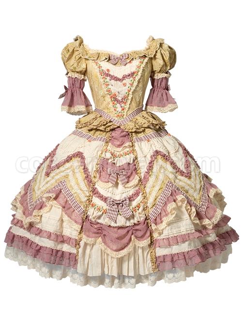 Pastoral-Style-Gorgeous-Yellow-Purple-Floral-Print-Plaid-Bow-Knot-Decorate-Chiffon-Lace-Hem-Classic-Lolita-Short-Sleeve-Dress-coscarnival-2399