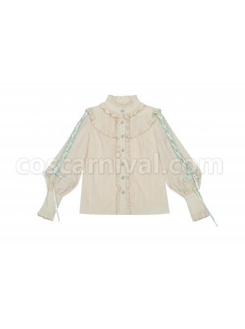 Pastoral Style Stand Collar Light Green Lace Up Apricot Classic Lolita Long Sleeve Shirt