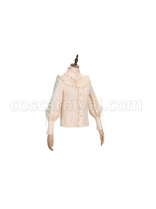 Pastoral Style Stand Collar Light Green Lace Up Apricot Classic Lolita Long Sleeve Shirt