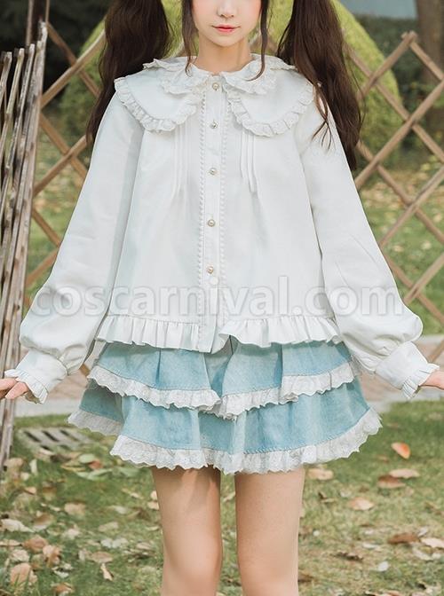 Phalaenopsis Series Ruffled Doll Collar Classic Lolita Long Sleeve Fleece White Shirt coscarnival