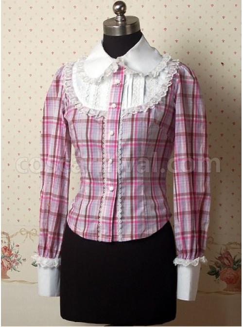 Pink Check Patten Long Sleeves Ruffle Lolita Shirt coscarnival