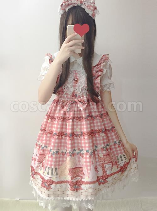 Plaid Strawberry Picnic Rabbit Series Sweet Lolita Sling Dress, side view