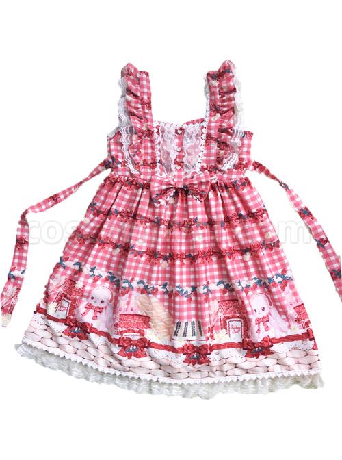 Plaid Strawberry Picnic Rabbit Series Sweet Lolita Sling Dress, detail 1