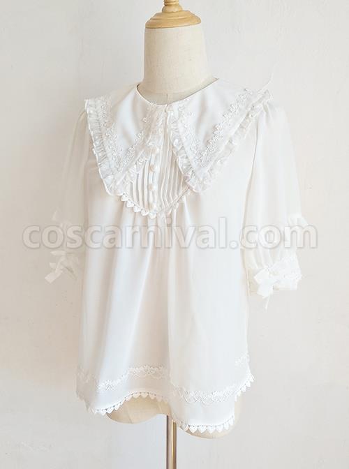Pointed Collar White Chiffon Sweet Lolita Puff Sleeve Short Sleeve Shirt coscarnival