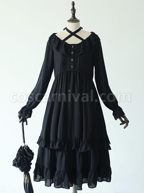 Pure Black Ruffles Gothic Lolita Long Sleeves Dress