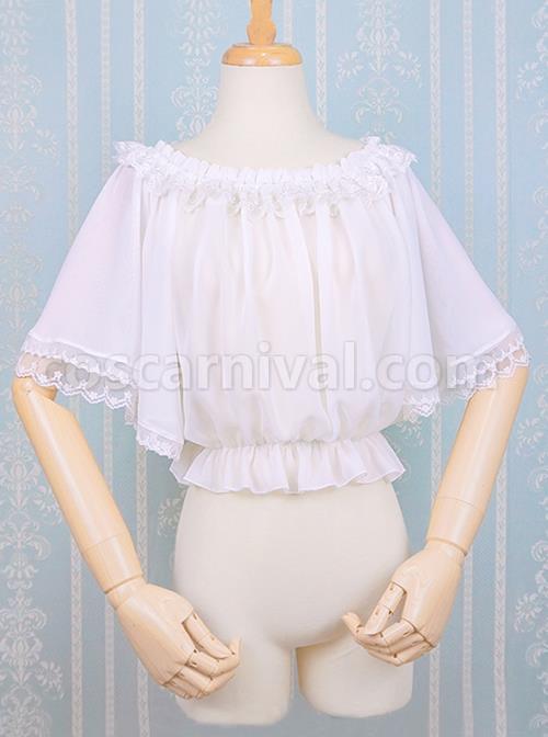 Pure White Simple Pleated Lace Shrinking Ruffle At Hem Mid-Sleeves Classic Lolita Short Blouse coscarnival