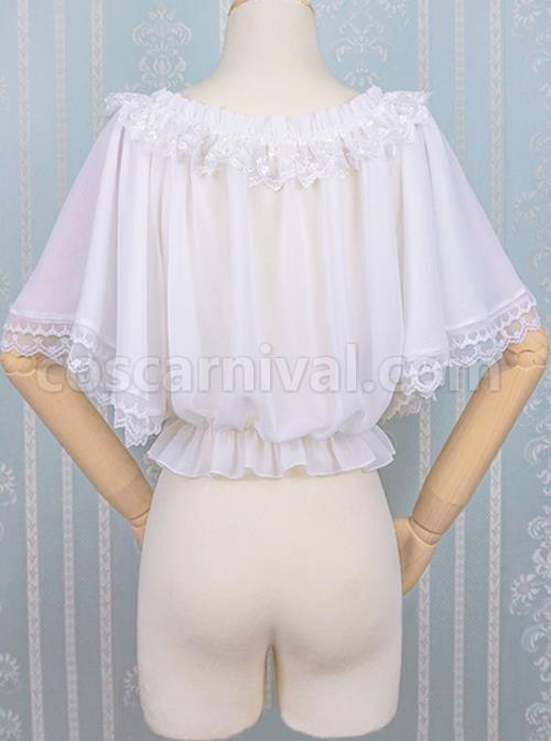 Pure White Simple Pleated Lace Shrinking Ruffle At Hem Mid-Sleeves Classic Lolita Short Blouse