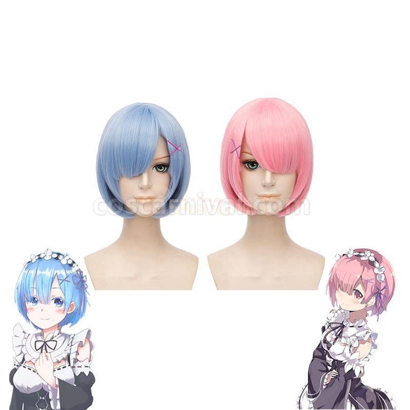 ReZero Starting Life in Another World Rem and Ram Short Blue Pink Cosplay Wigs coscarnival011119002