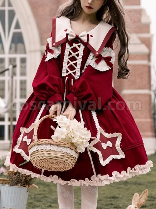Red-Pentagram-Design-Cute-Big-Lapel-Neckline-Bow-Decoration-Pleated-Ruffle-Trim-Classic-Lolita-Long-Sleeve-Dress-coscarnival-4106
