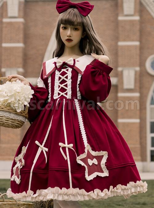 Red-Pentagram-Design-Cute-Big-Lapel-Neckline-Bow-Decoration-Pleated-Ruffle-Trim-Classic-Lolita-Long-Sleeve-Dress-coscarnival-4122