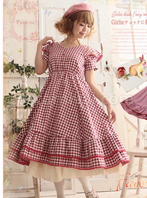 Red-Plaid-Bowknot-Big-Hem-Classic-Lolita-Short-Sleeve-Dress-coscarnival-1546