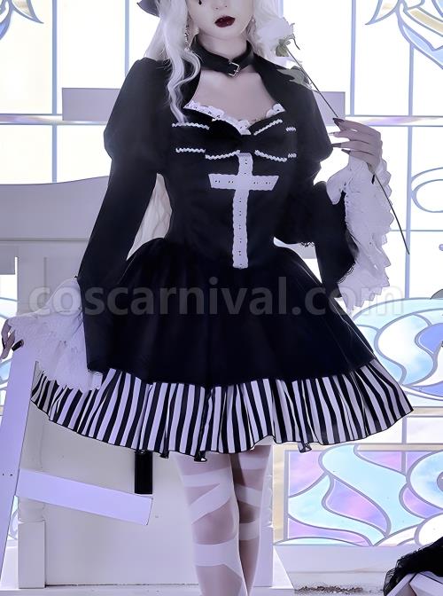 Requiem Series Classical Velvet Lace Cross Halloween Stripe Hem Gothic Lolita Long Sleeve Dress coscarnival