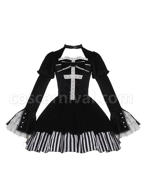 Requiem Series Classical Velvet Lace Cross Halloween Stripe Hem Gothic Lolita Long Sleeve Dress