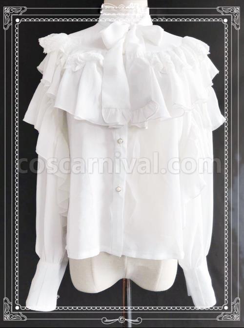 Retro Bowknot Chiffon Lolita Ruffles Long Sleeve Shirt coscarnival
