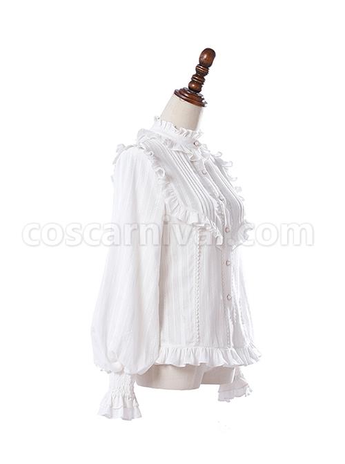 Retro Court Classic Lolita Pleated Lace Comfortable Jacquard Cotton White Long Sleeve Shirt coscarnival