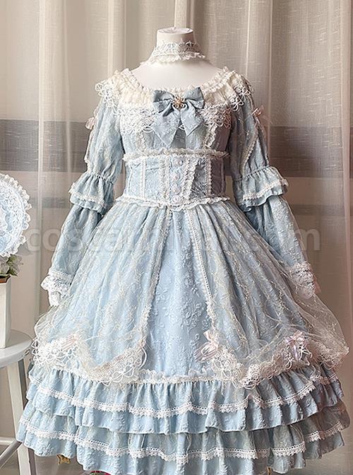 Retro-Court-Style-Delicate-Lace-Jacquard-Design-Pleated-Lace-Trim-Bow-Knots-Flared-Sleeves-Classic-Lolita-Dress-coscarnival-2313