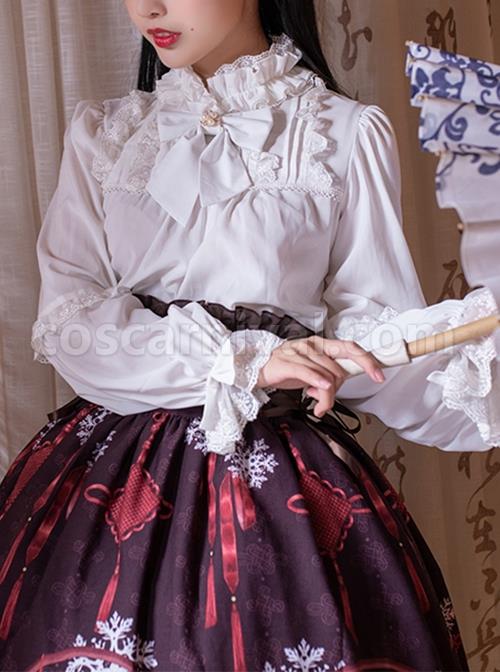 Retro Court Style Pleated Lace Stand Collar Design Bow Knot Ruffled Ruched Long Sleeves Classic Lolita Chiffon Shirt coscarnival