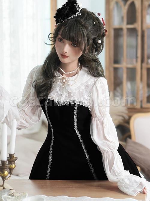 Retro-Elegant-Black-White-Doll-Collar-Stitching-Semi-Transparent-Lotus-Root-Sleeve-Lace-Hem-Classic-Lolita-Long-Sleeved-Dress-coscarnival-2311
