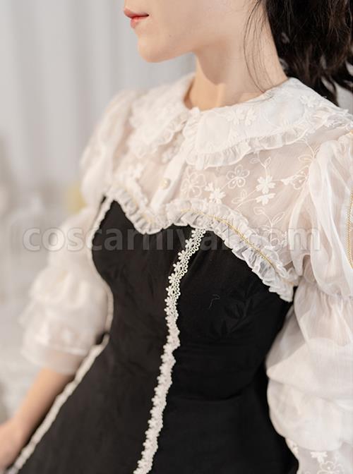 Retro-Elegant-Black-White-Doll-Collar-Stitching-Semi-Transparent-Lotus-Root-Sleeve-Lace-Hem-Classic-Lolita-Long-Sleeved-Dress-coscarnival-2318