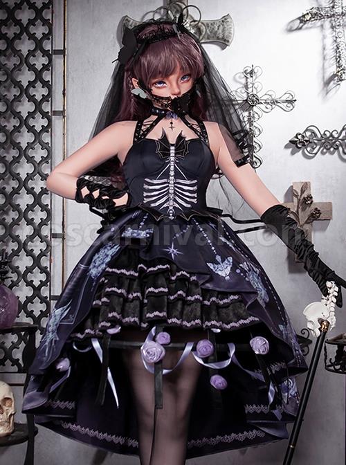 Retro Gothic Three-Dimensional Butterfly Bat Wing Decoration Hollow Bone Print Irregular Hem Halloween Gothic Lolita Sleeveless Dress