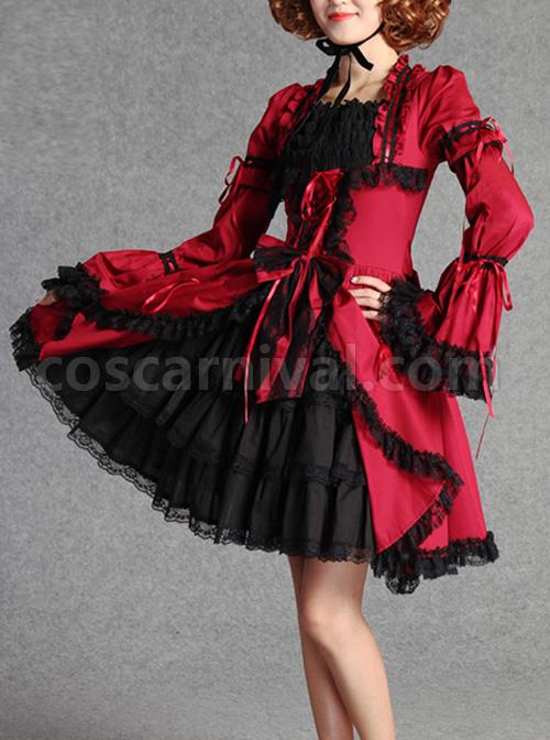 Retro Lace And Bind Strap Gothic Lolita Long Sleeve Dress coscarnival